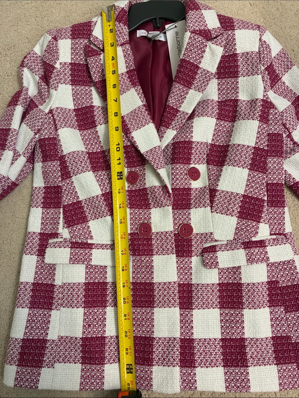 Liz Claiborne Maroon and White Checked Double-Breasted Blazer - Picture 3 of 4